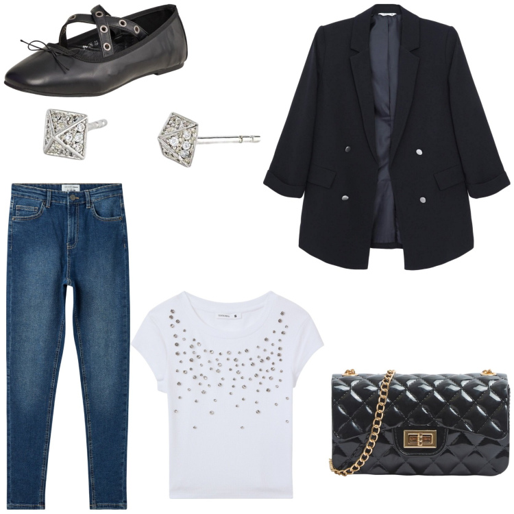 Outfit donna - Aspettando la bella stagione. Stile Urban per Tutti i giorni. Abbinamento con blazer, borse a tracolla, ballerine, t-shirt, jeans skinny, orecchini.