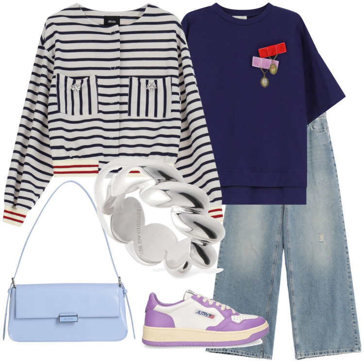 Outfit donna - Giacca righe. Stile Casual per Tutti i giorni. Abbinamento con borse a spalla, jeans, blazer, t-shirt, sneakers, anelli.