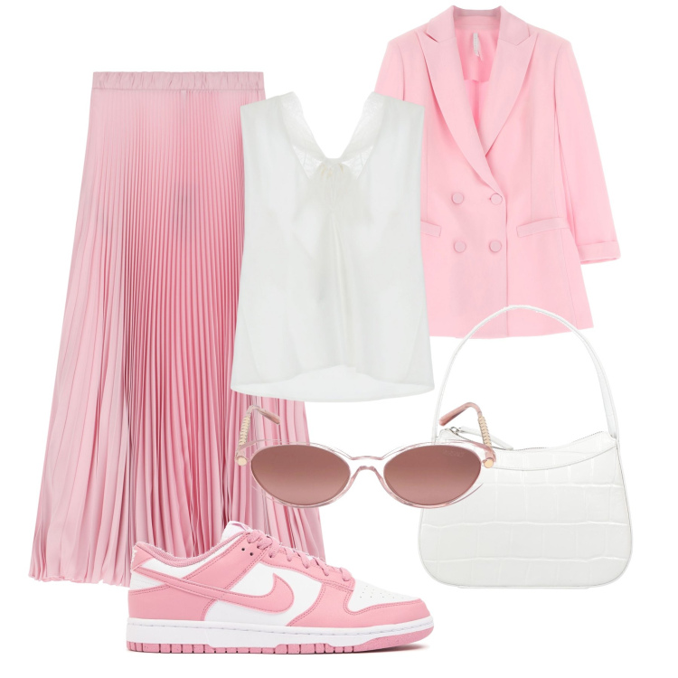 Outfit donna - Chic in sneakers - @marystyle. Stile Trendy per Ufficio. Abbinamento con borse a mano, top, gonne lunghe, blazer, sneakers, occhiali da sole.