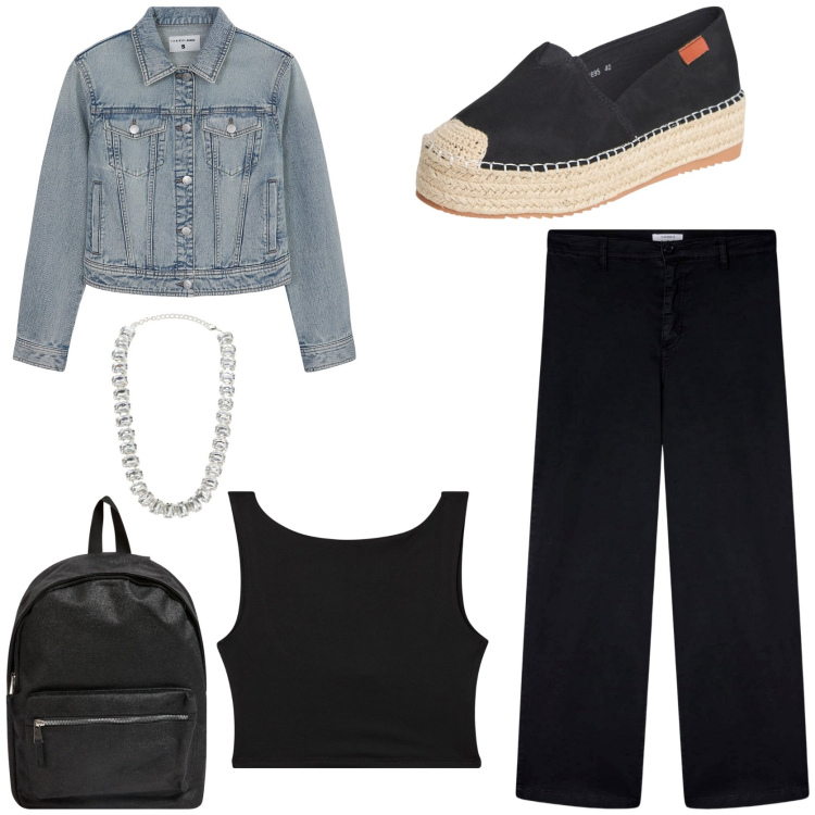 Outfit donna - Ultimo mese di scuola. Stile Minimal per Scuola/Università. Abbinamento con zaini, pantaloni, espadrillas, blazer, top, collane.