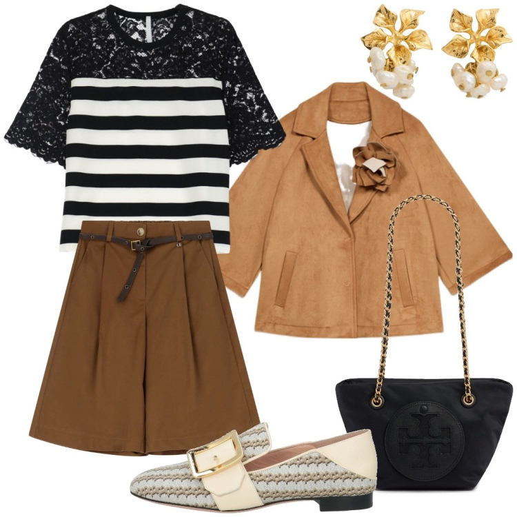 Outfit donna - Pasqua in famiglia. Stile Casual chic per Tutti i giorni. Abbinamento con mocassini, t-shirt, shorts, borse a tracolla, caban, orecchini.