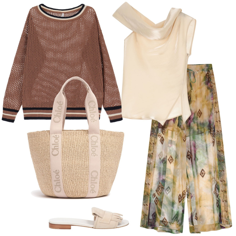 Outfit donna - Total look #2110509. Stile Chic per Tutti i giorni. Abbinamento con sandali in pelle, top, pullovers, pantaloni a palazzo, shopping bag.