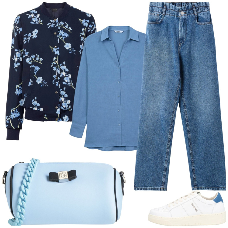 Outfit donna - Bomber a fiori. Stile Casual per Tutti i giorni. Abbinamento con bomber, borse a tracolla, sneakers, camicie, jeans.