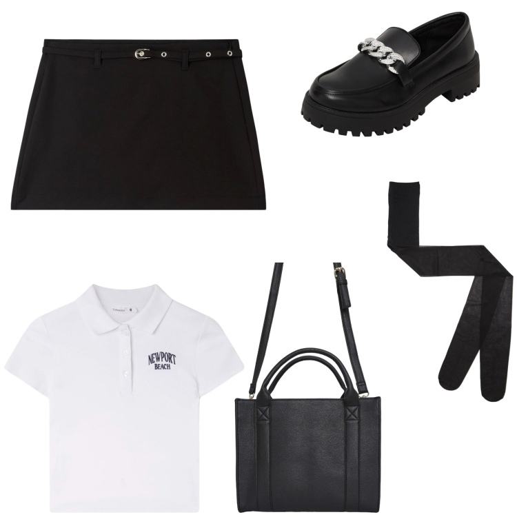 Outfit donna - Festa di fine anno scolastico. Stile Preppy per Scuola/Università. Abbinamento con polo, borse tote, mocassini, collant, minigonne.
