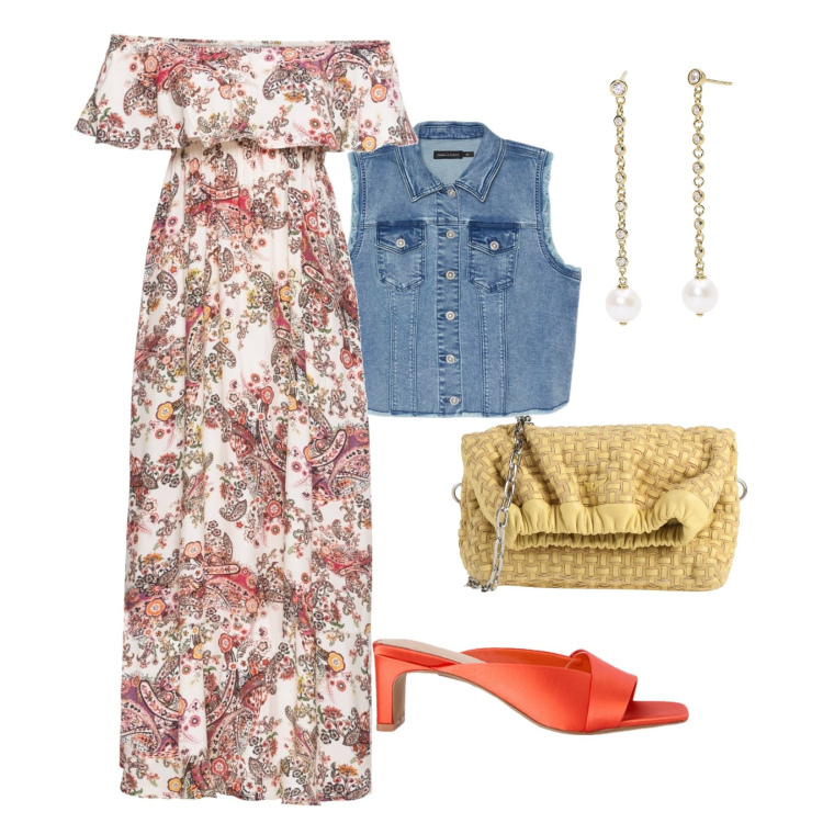 Outfit donna - freschezza primaverile. Stile Casual per Tutti i giorni. Abbinamento con vestiti lunghi, borse a tracolla, orecchini, gilet, sabot.