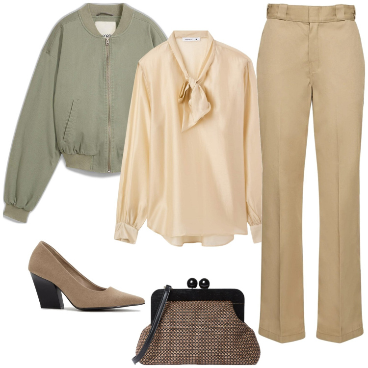 Outfit donna - Bomber nel casual chic style. Stile Casual chic per Tutti i giorni. Abbinamento con décolleté, bomber, bluse, pantaloni, clutch.