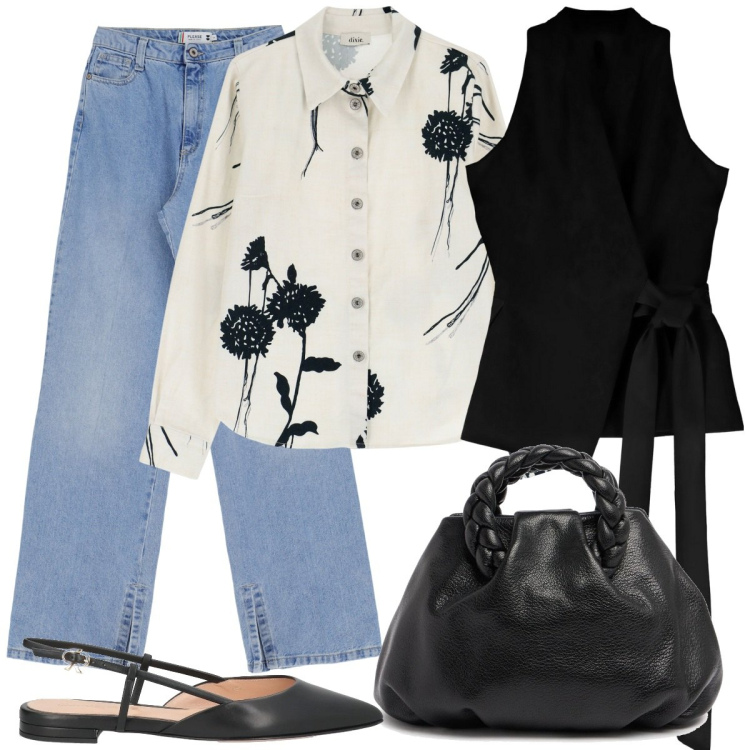 Outfit donna - Mom jeans aprile. Stile Casual chic per Ufficio. Abbinamento con ballerine, gilet, jeans, camicie, borse a mano.