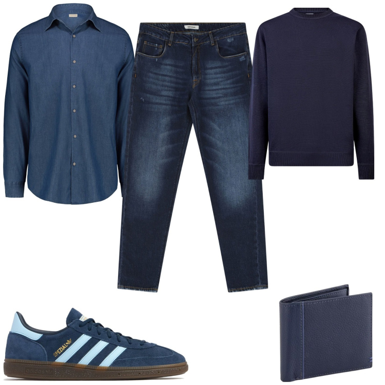 Outfit uomo - Look monocromatico. Stile Casual per Serata speciale. Abbinamento con jeans dritti, maglieria, camicie, sneakers, portafogli.
