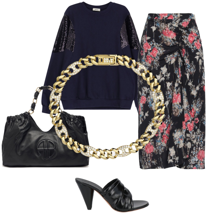 Outfit donna - Fiorato di sera. Stile Romantica per Serata fuori. Abbinamento con gonne longuette, sandali in pelle, braccialetti, felpe, shopping bag.