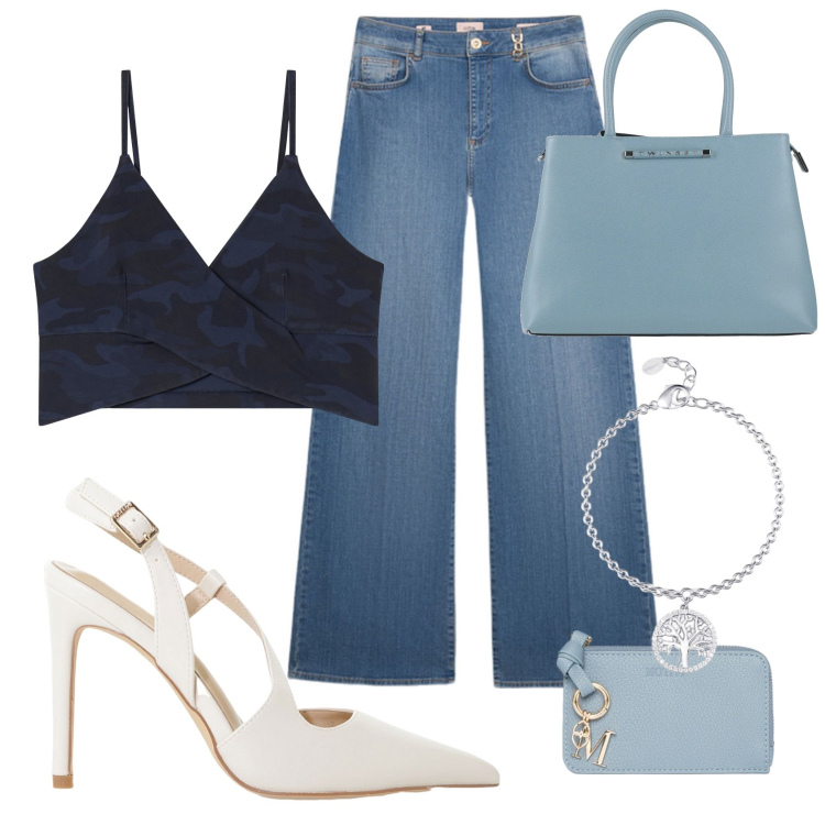 Outfit donna - Blue. Stile Casual per Tutti i giorni. Abbinamento con borse a mano, braccialetti con ciondoli, décolleté, top, jeans, portafogli.