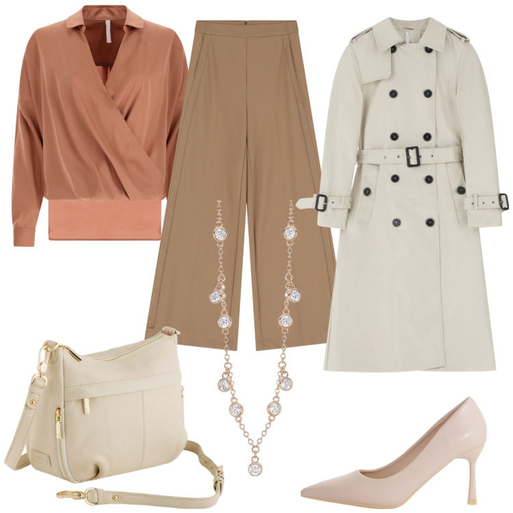 Outfit donna - Imperial Urban Edge. Stile Bon Ton per Ufficio. Abbinamento con collane, décolleté, pantaloni a palazzo, trench, bluse, borse a tracolla.