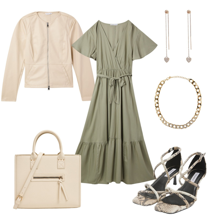 Outfit donna - Delicata Armonia: Salvia e Panna. Stile Romantica per Cerimonia. Abbinamento con vestiti lunghi, blazer, sandali col tacco, collane, shopping bag, orecchini.