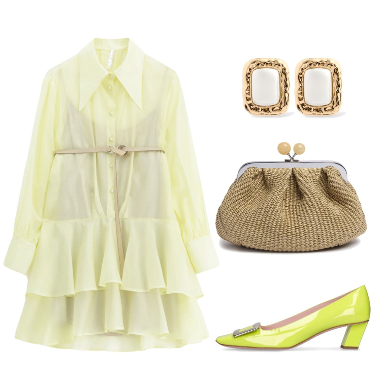 Outfit donna - L\'invitata in giallo. Stile Bon Ton per Cerimonia. Abbinamento con vestiti corti, orecchini, décolleté, pochette.