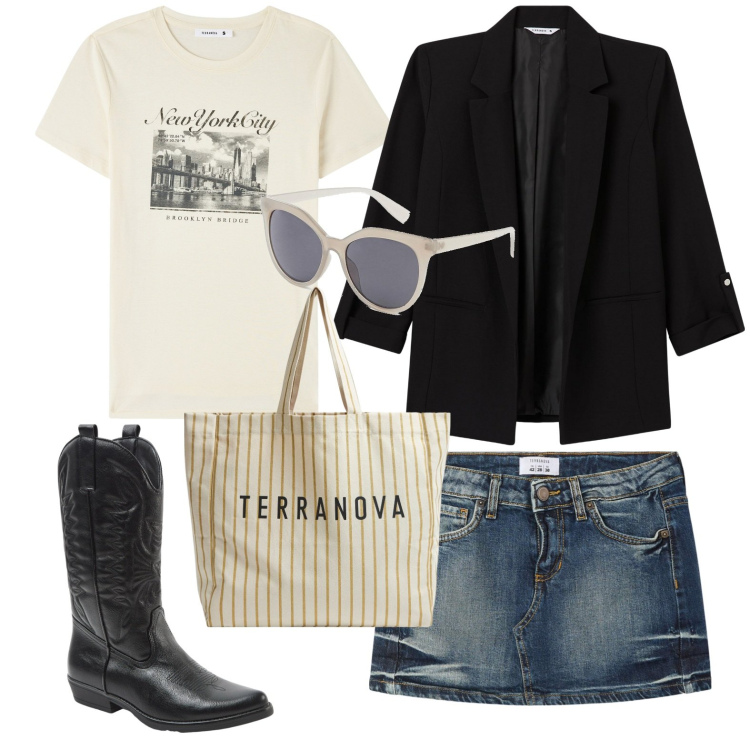 Outfit donna - Camperos e minigonna. Stile Casual per Tutti i giorni. Abbinamento con borse a tracolla, blazer, stivali, t-shirt, borse tote, minigonne.