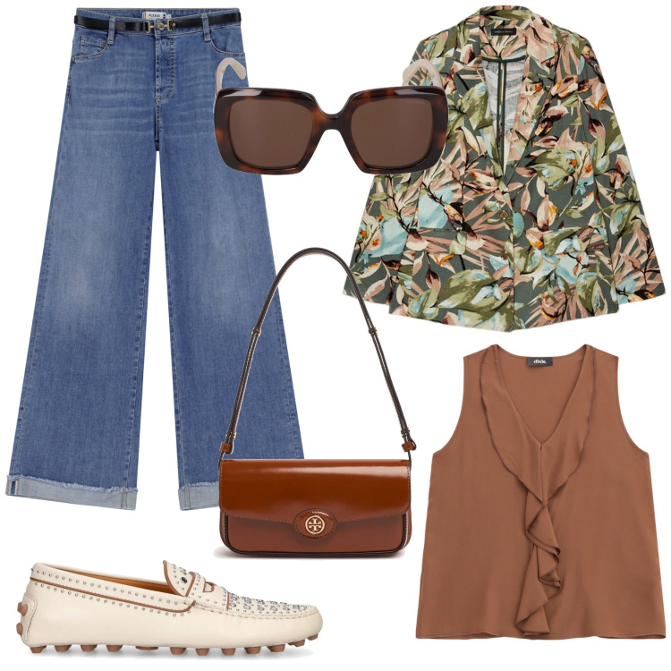 Outfit donna - Un po\'seventies. Stile Casual chic per Tutti i giorni. Abbinamento con jeans, top, blazer, occhiali da sole, borse a spalla, mocassini.