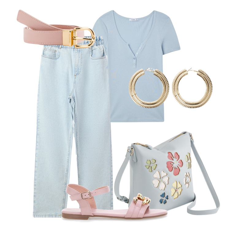 Outfit donna - Basica e spazio agli accessori. Stile Casual per Tutti i giorni. Abbinamento con jeans, t-shirt, orecchini, sandali, borse a tracolla, cinture.
