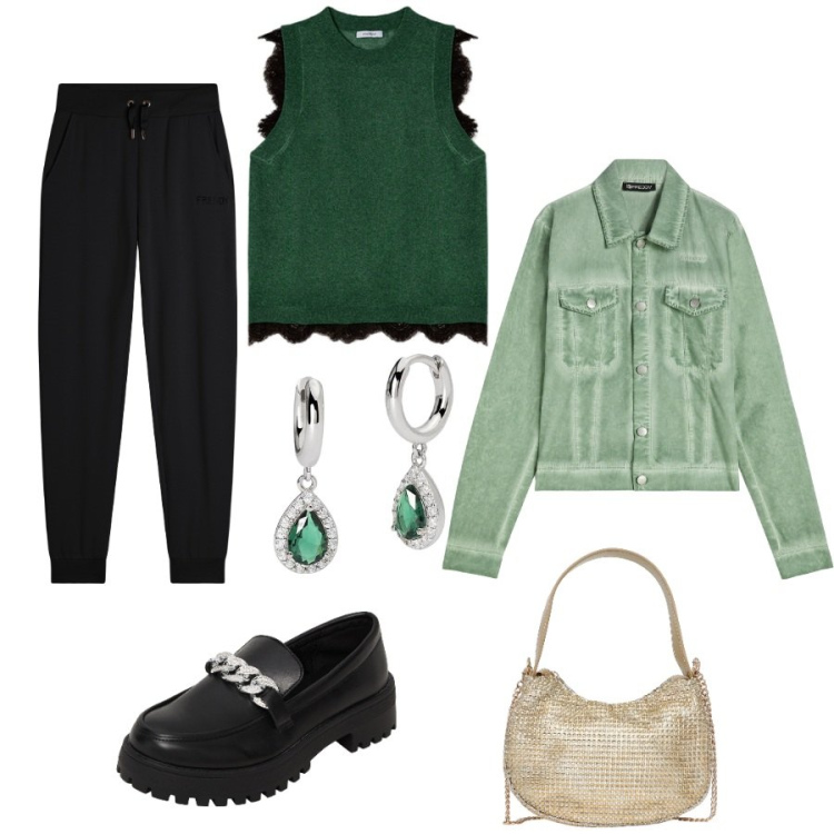 Outfit donna - Green Smeraldo. Stile Casual Abbinamento con mocassini, borse a spalla, orecchini, blazer, pantaloni, top.