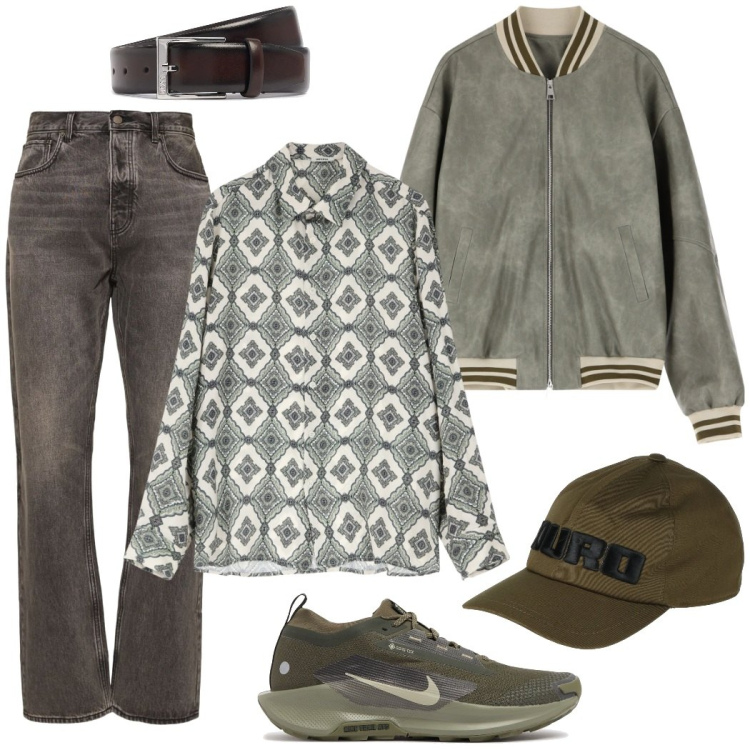Outfit uomo - La camicia stampa geometrica. Stile Urban per Tutti i giorni. Abbinamento con cappelli con visiera, bomber, camicie, cinture, jeans, sneakers.