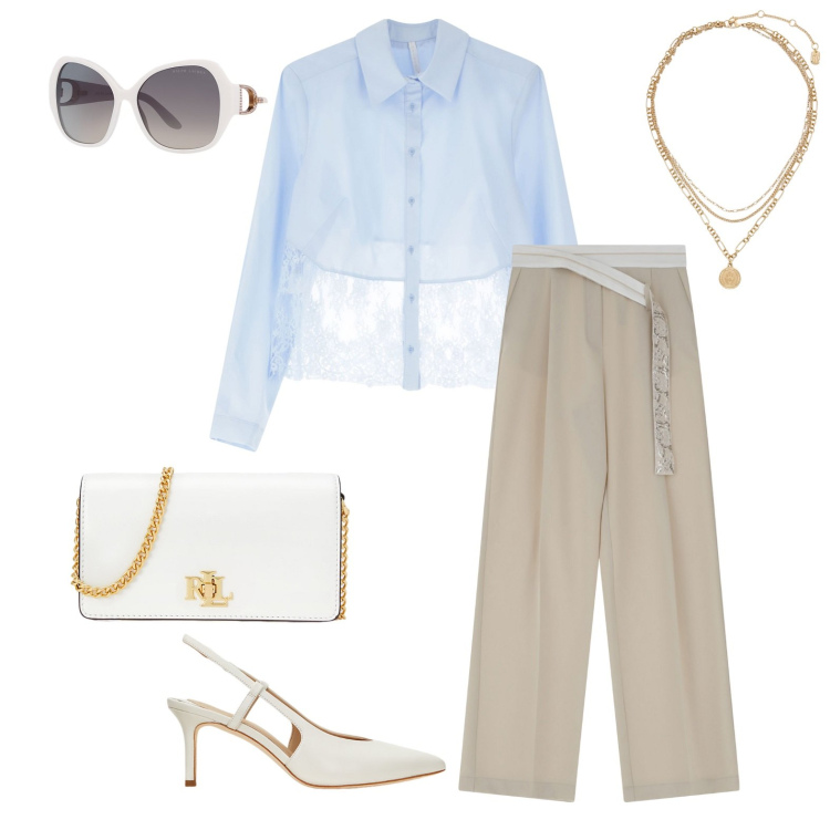 Outfit donna - Raffinatezza in ufficio. Stile Trendy per Ufficio. Abbinamento con pantaloni, camicie, occhiali da sole, ciondoli, borse a mano, décolleté.