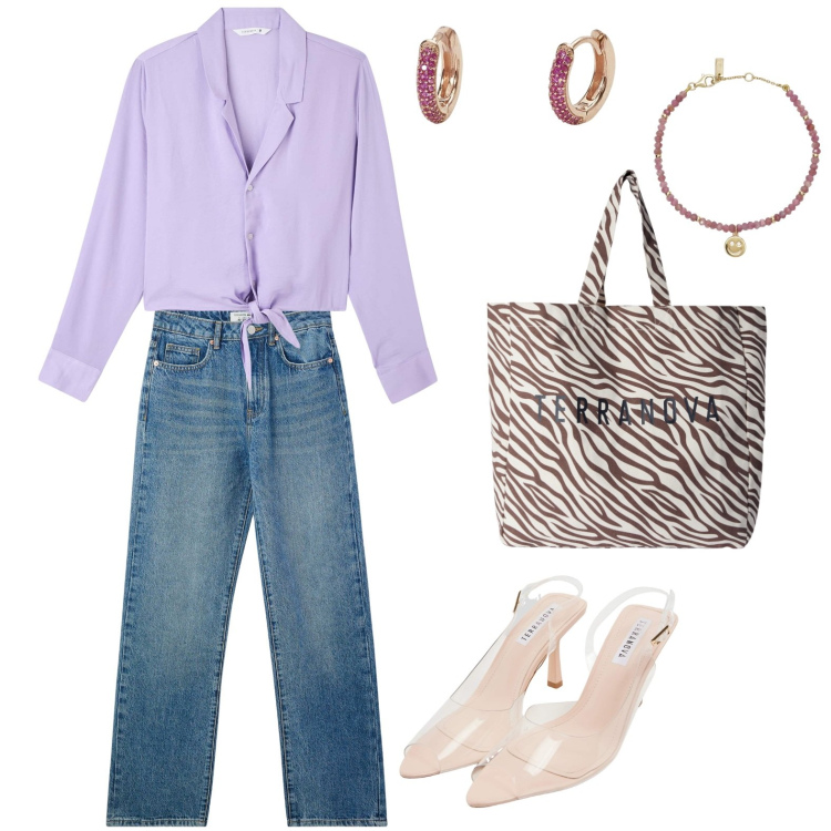 Outfit donna - Not too much. Stile Casual chic per Serata fuori. Abbinamento con camicie, sandali col tacco, borse tote, jeans dritti, braccialetti, orecchini.