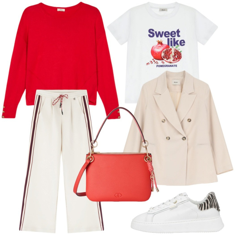 Outfit donna - Blazer e sneakers accoppiata vincente. Stile Casual chic per Tutti i giorni. Abbinamento con sneakers, blazer, pantaloni, t-shirt, borse a tracolla, maglieria.