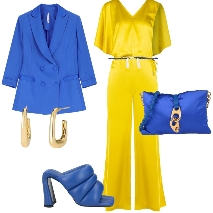 Outfit donna - Per non passare inosservata. Stile Chic per Cerimonia. Abbinamento con sandali in pelle, borse a tracolla, cinture, orecchini, tute, blazer.