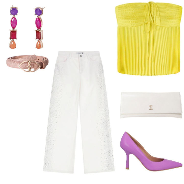 Outfit donna - Serata estiva. Stile Casual chic per Serata fuori. Abbinamento con décolleté, orecchini, pantaloni, pochette, top, cinture.