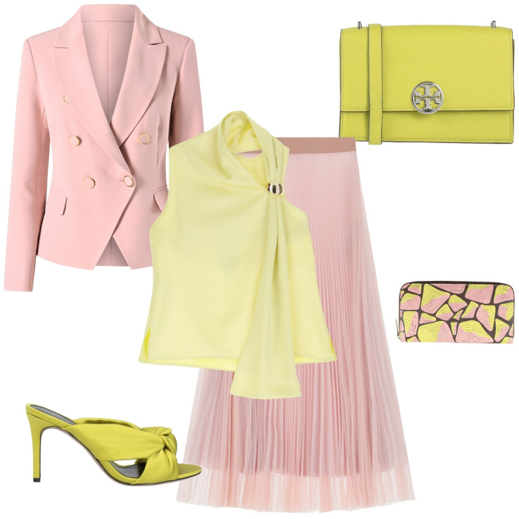 Outfit donna - Giallo e Rosa. Stile Bon Ton per Cerimonia. Abbinamento con borse a tracolla, sandali in pelle, portafogli, blazer, top, gonne lunghe.