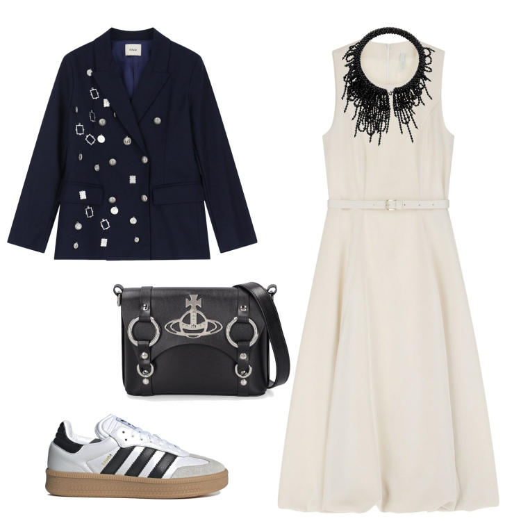 Outfit donna - Alternativa. Stile Casual chic per Tutti i giorni. Abbinamento con vestiti midi/longuette, blazer, borse a spalla, sneakers, collane.