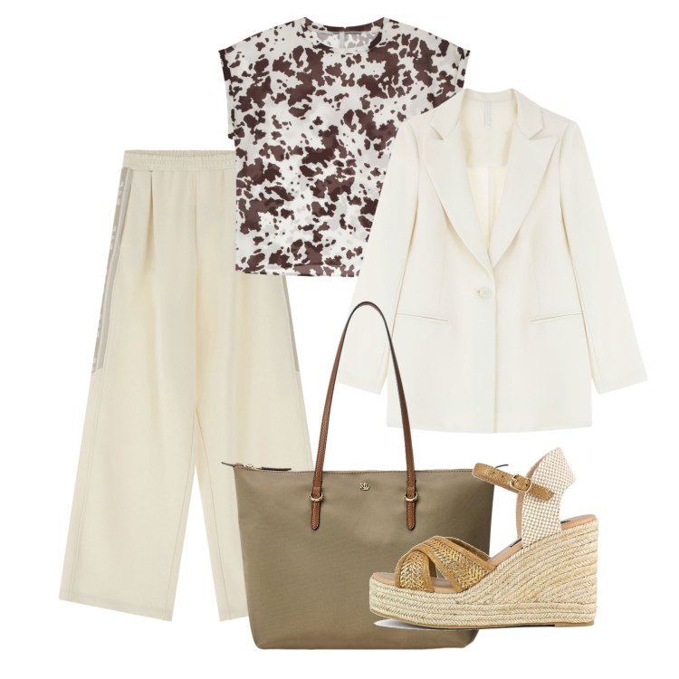 Outfit donna - IMPERIAL SS 2025: Urban Edge. Stile Bon Ton per Ufficio. Abbinamento con pantaloni, blazer, t-shirt, borse tote, zeppe.