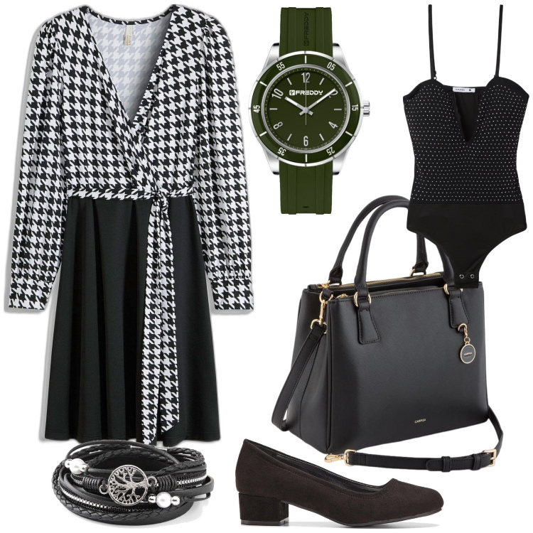 Outfit donna - Giornata con amica. Stile Urban per Tutti i giorni. Abbinamento con décolleté, braccialetti, vestiti corti, body, orologi, borse a mano.