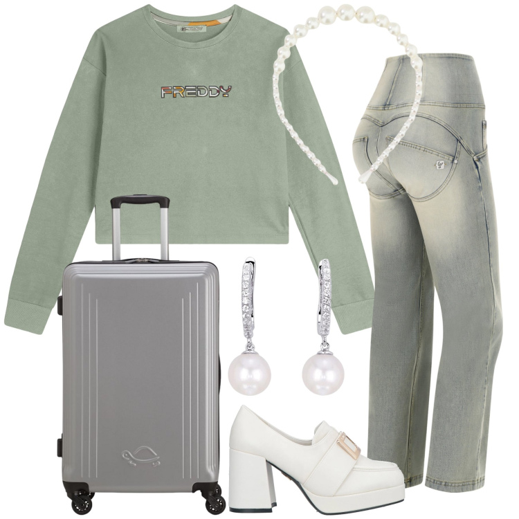 Outfit donna - Partenza sporty chic. Stile Sporty chic per Tutti i giorni. Abbinamento con mocassini, orecchini, jeans, felpe, cerchietti, valigie.