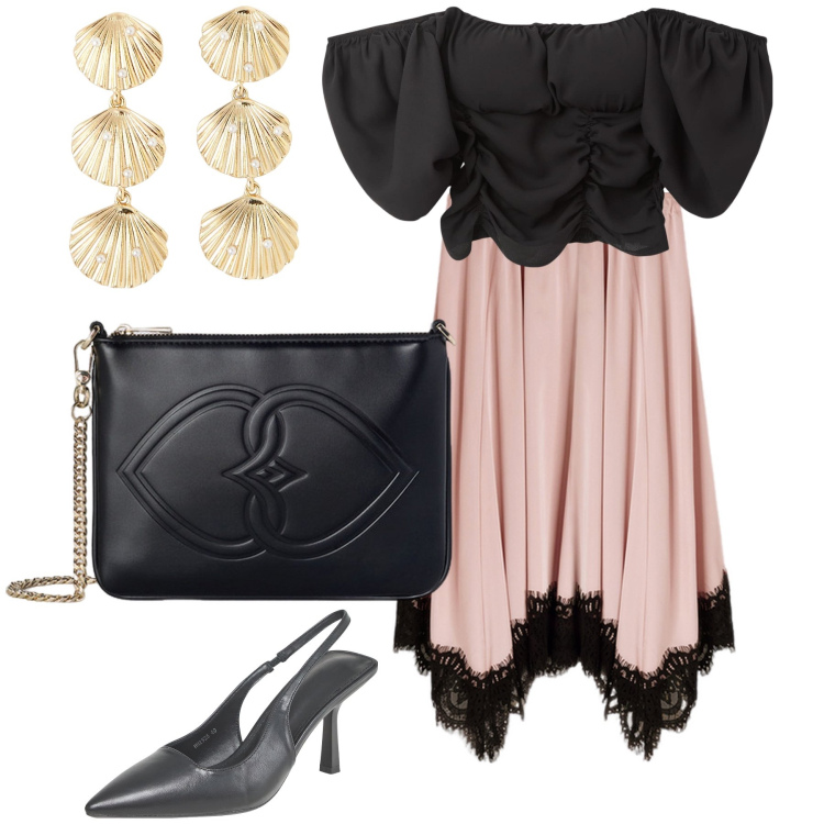 Outfit donna - Serata chic al mare. Stile Glamour per Serata fuori. Abbinamento con orecchini, bluse, décolleté, gonne, pochette.