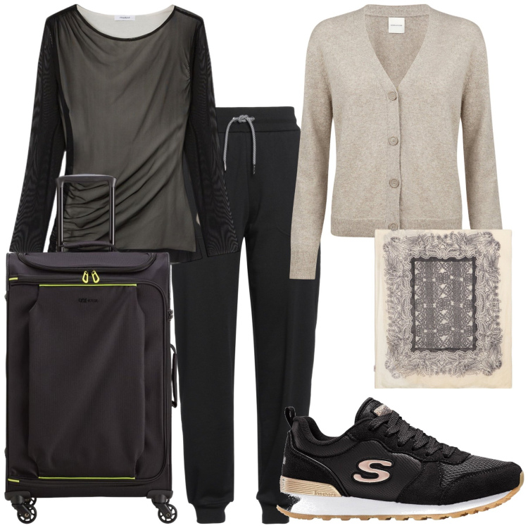 Outfit donna - Arrivata la vacanza. Stile Basic per Tutti i giorni. Abbinamento con sneakers, pantaloni, cardigans, valigie, sciarpe, t-shirt.