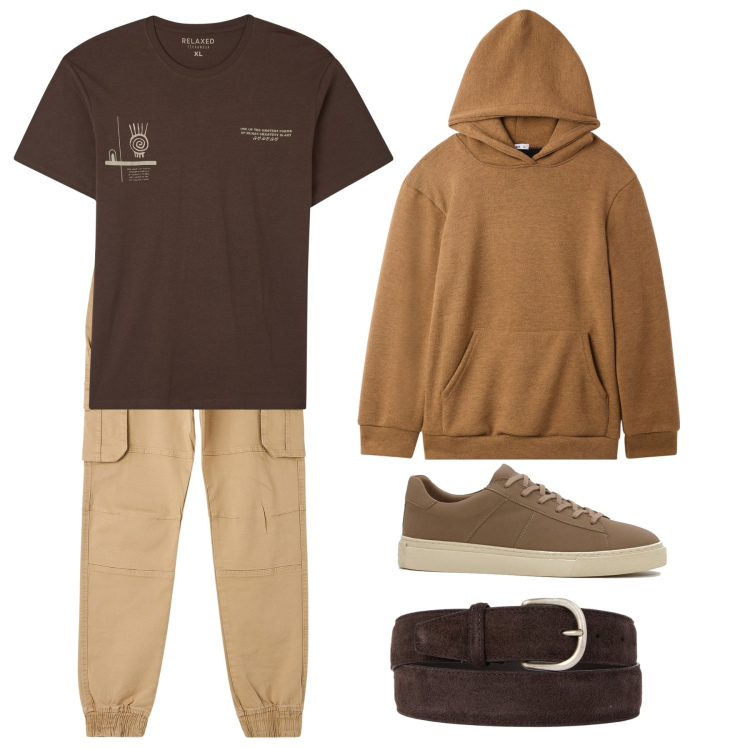 Outfit uomo - Casual sui toni del marrone. Stile Casual per Tutti i giorni. Abbinamento con sneakers, felpe, pantaloni cargo, t-shirt, cinture.