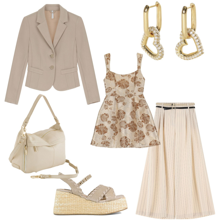 Outfit donna - Intramontabile beige. Stile Etnico per Ufficio. Abbinamento con orecchini, pantaloni a palazzo, vestiti corti, blazer, zeppe, borse a tracolla.