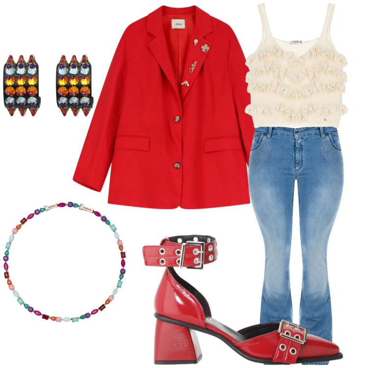 Outfit donna - Rosso di sera. Stile Casual per Tutti i giorni. Abbinamento con orecchini, blazer, décolleté, collane, jeans a zampa, top.