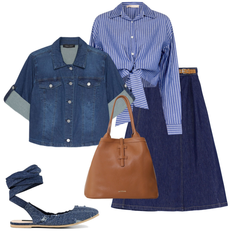 Outfit donna - Gonna a trapezio. Stile Casual chic per Ufficio. Abbinamento con camicie, gonne lunghe, borse tote, ballerine, blazer.