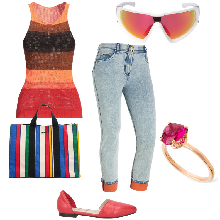 Outfit donna - W l arcobaleno. Stile Casual chic per Tutti i giorni. Abbinamento con ballerine, top, jeans dritti, occhiali da sole, anelli, shopping bag.