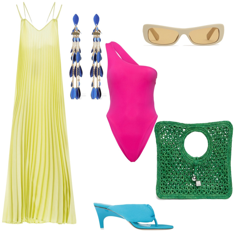 Outfit donna - Colorful sea. Stile Trendy per Mare. Abbinamento con ciabatte, vestiti lunghi, shopping bag, orecchini, occhiali da sole, costumi interi.