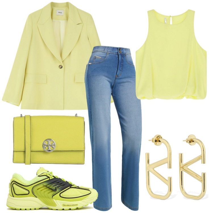 Outfit donna - Tropical sport mix. Stile Urban per Tutti i giorni. Abbinamento con borse a tracolla, top, jeans, blazer, orecchini, sneakers.