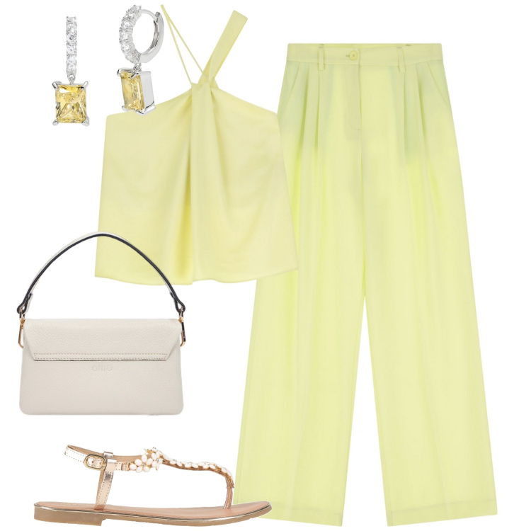 Outfit donna - Margherite. Stile Minimal per Tutti i giorni. Abbinamento con infradito, orecchini, pantaloni, top, borse a tracolla.