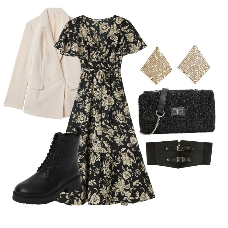 Outfit donna - Serelate primaverili. Stile Rock per Serata fuori. Abbinamento con vestiti lunghi, blazer, anfibi, cinture, borse a tracolla, orecchini.