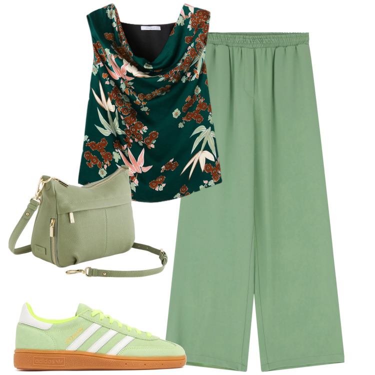 Outfit donna - City. Stile Casual chic per Tutti i giorni. Abbinamento con pantaloni a palazzo, sneakers, borse a tracolla, top.