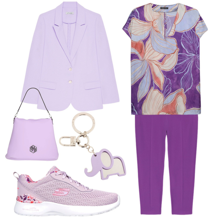 Outfit donna - Bella e dinamica nei toni del viola. Stile Urban per Tutti i giorni. Abbinamento con borse a spalla, sneakers, blazer, pantaloni chino, bluse, portachiavi.