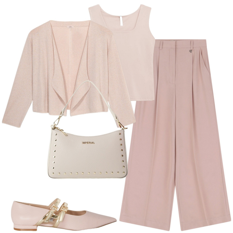 Outfit donna - City. Stile Urban per Tutti i giorni. Abbinamento con canottiere, borse a spalla, pantaloni a palazzo, ballerine, cardigans.