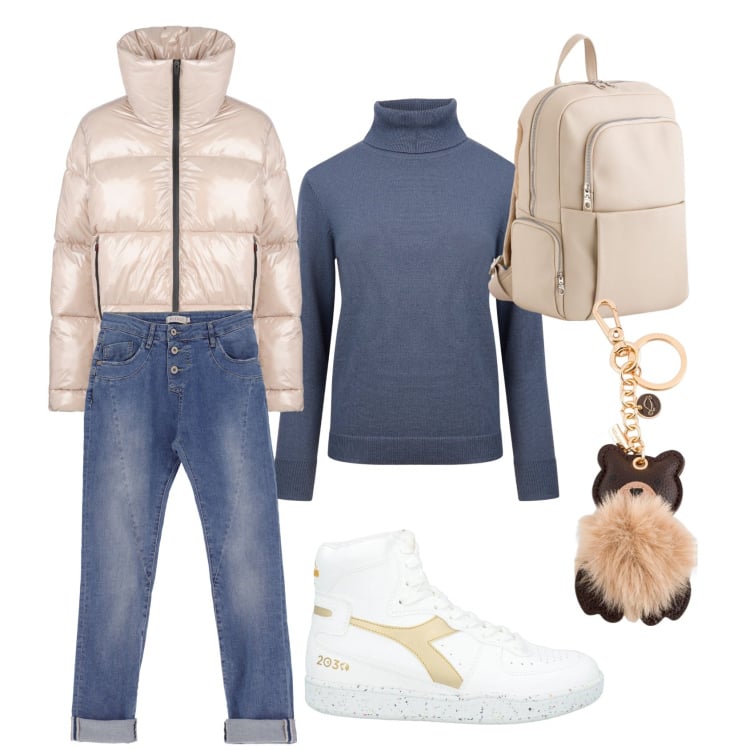 Outfit donna - Blue. Stile Casual per Tutti i giorni. Abbinamento con sneakers alte, jeans slim fit, blazer, maglieria, zaini, portachiavi.