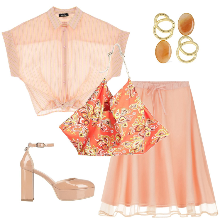 Outfit donna - Sorbetto alla Pesca o al Mandarino?. Stile Glamour per Tutti i giorni. Abbinamento con sandali in pelle, borse a spalla, gonne longuette, camicie a manica corta, orecchini.