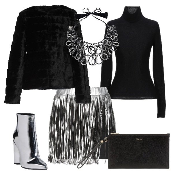 Outfit donna - #CHRISTMASISCOMING - 15 dicembre. Stile Trendy per Serata fuori. Abbinamento con ecopelliccia, gonna, maglioncino lavorato a maglia collo a dolcevita a maniche lunghe tinta unita, stivaletti effetto laminato con tacco squadrato e zip a punta tinta unita, collana con perline e nappine, pochette.
