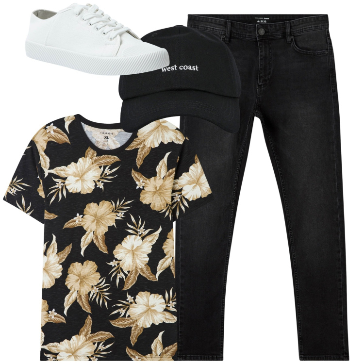 Outfit uomo - City. Stile Casual per Tutti i giorni. Abbinamento con jeans skinny, t-shirt, sneakers, cappelli con visiera.